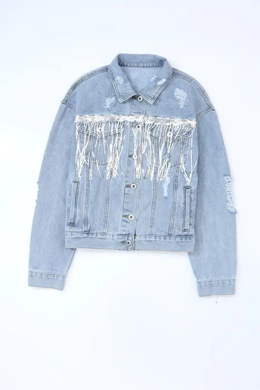 Sky blue sequin embellished fringe distressed denim jacket - outerwear