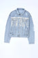 Sky blue sequin embellished fringe distressed denim jacket - outerwear