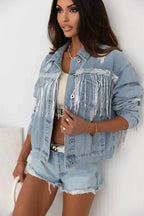 Sky Blue Sequin Embellished Fringe Distressed Denim Jacket - Fashionfitz