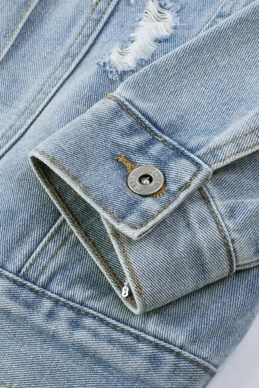 Sky Blue Sequin Embellished Fringe Distressed Denim Jacket - Fashionfitz