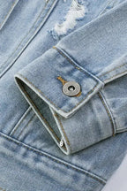 Sky Blue Sequin Embellished Fringe Distressed Denim Jacket - Fashionfitz