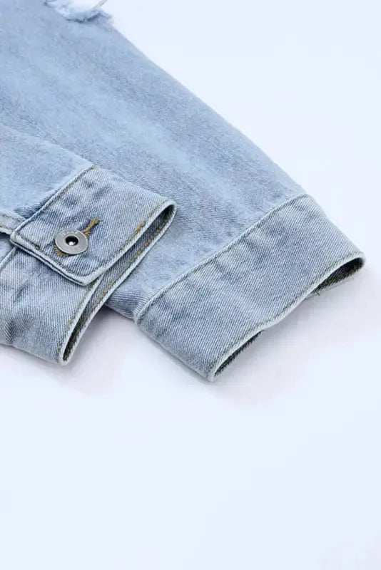 Sky Blue Sequin Embellished Fringe Distressed Denim Jacket - Fashionfitz