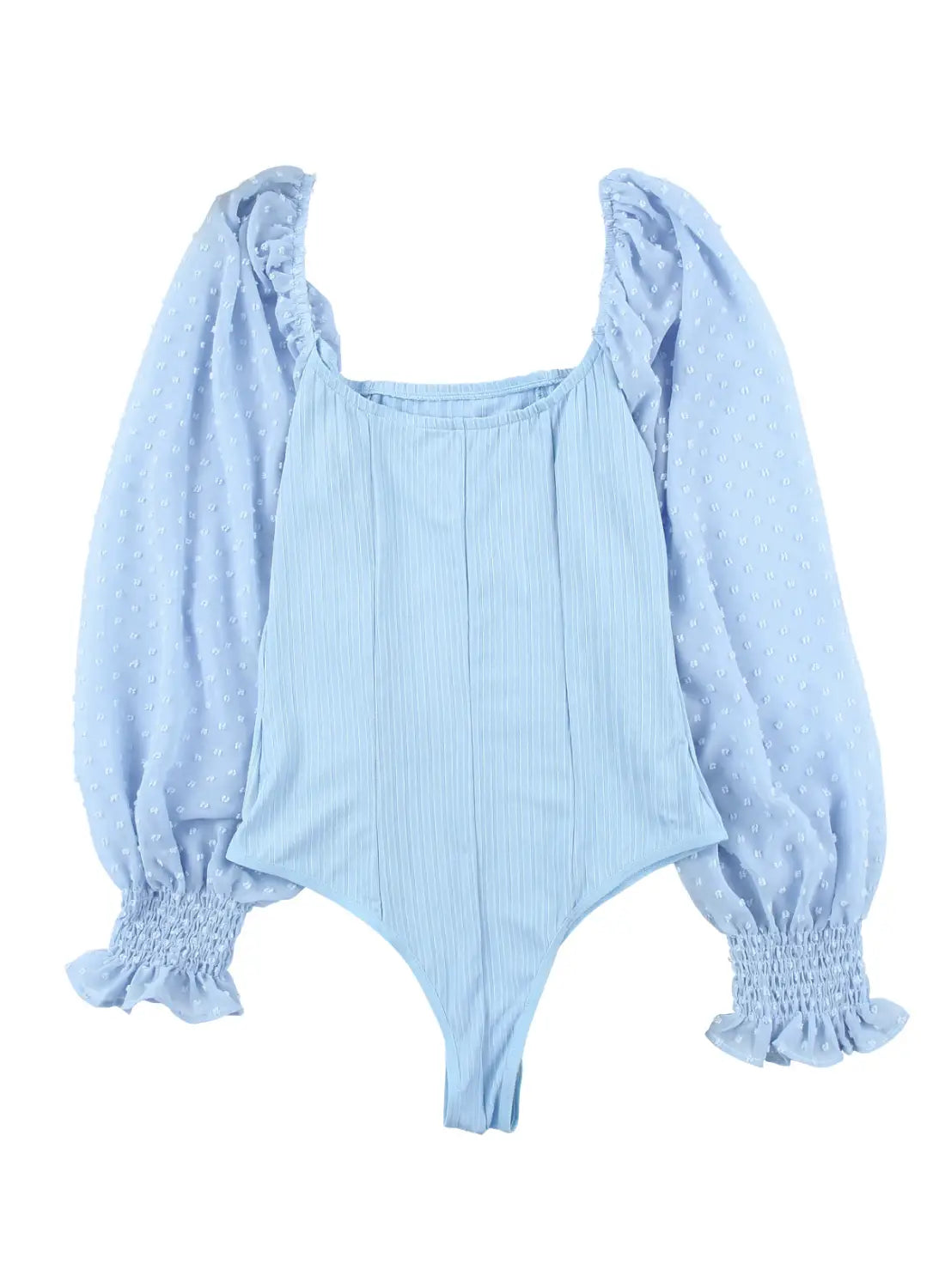Sky blue solid swiss dot ribbed puff sleeve bodysuit - bodysuits