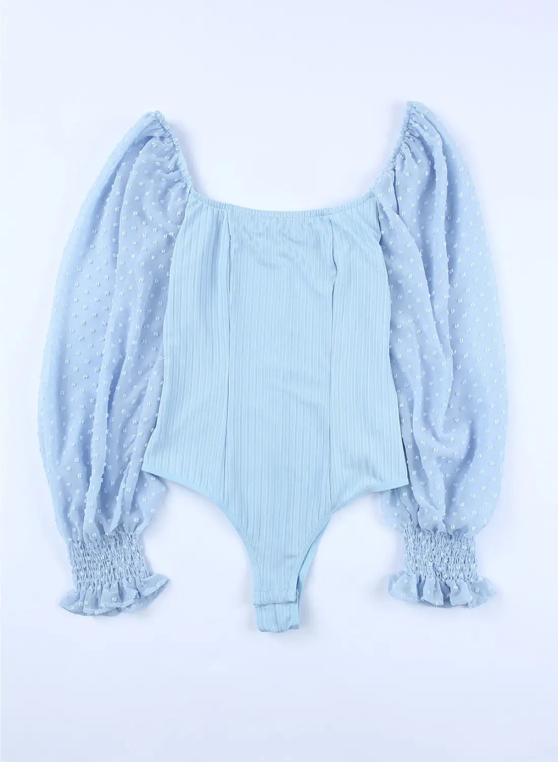 Sky blue solid swiss dot ribbed puff sleeve bodysuit - bodysuits