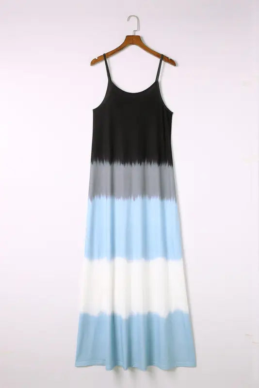 Sky blue spaghetti strap tie dye slit maxi dress - dresses