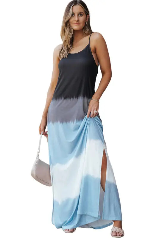 Sky blue spaghetti strap tie dye slit maxi dress - dresses