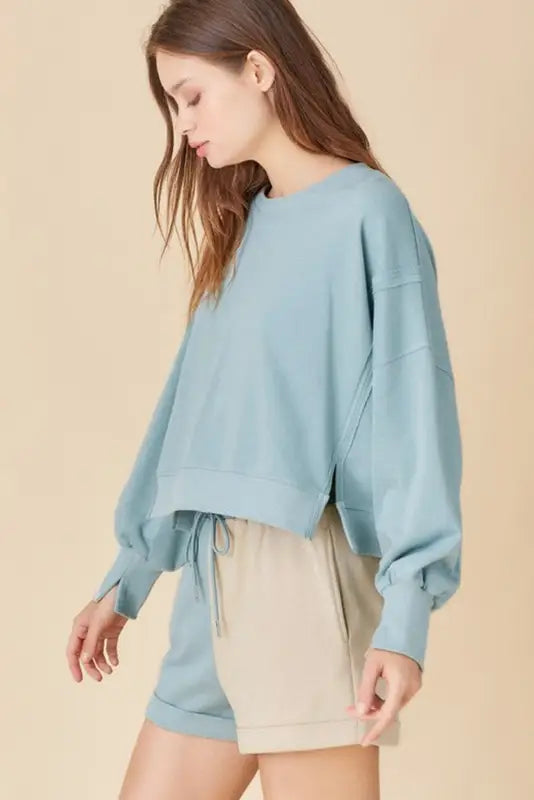 Sky blue split hem sweatshirt color block shorts set - loungewear