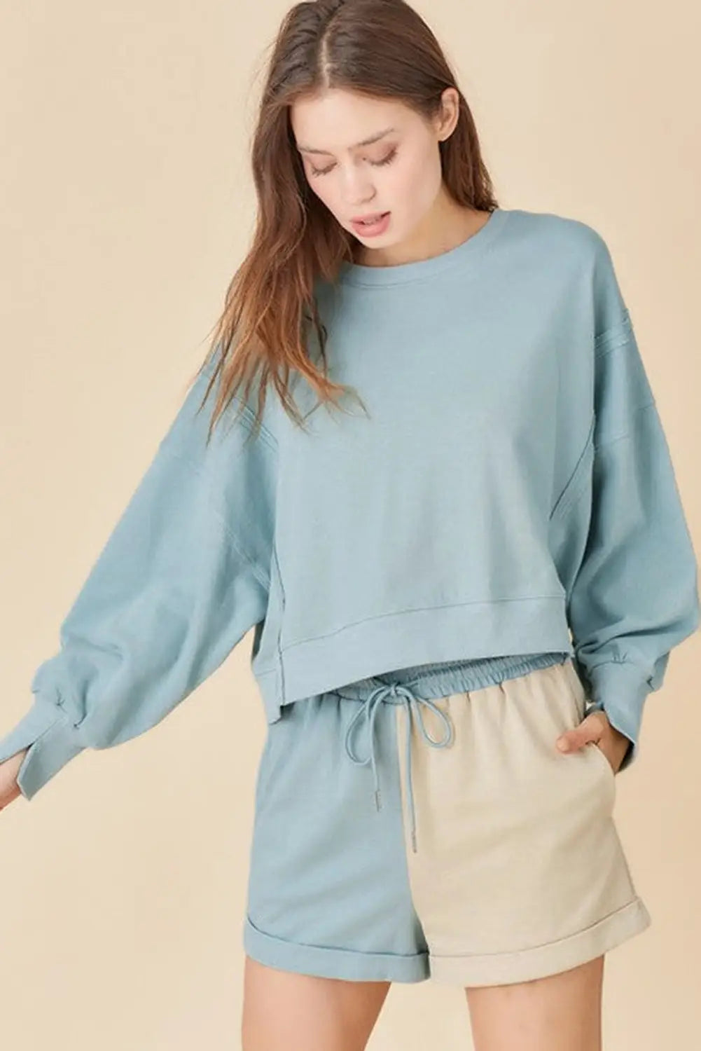 Sky blue split hem sweatshirt color block shorts set - loungewear
