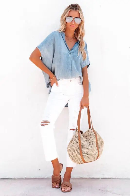 Sky blue split v neck oversized denim blouse - tops