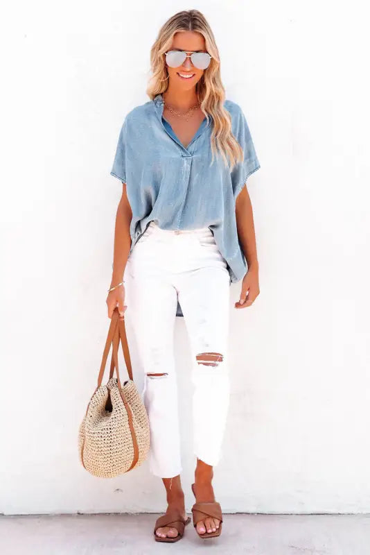 Sky blue split v neck oversized denim blouse - tops