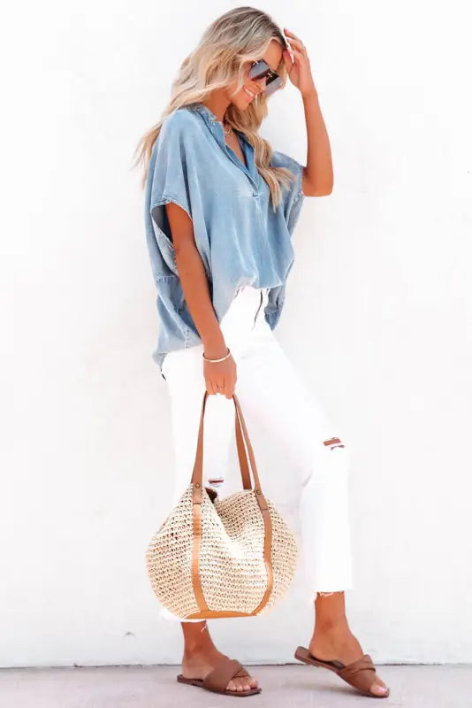 Sky blue split v neck oversized denim blouse - tops