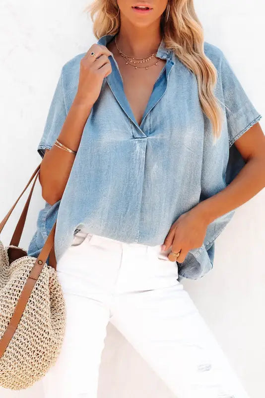 Sky blue split v neck oversized denim blouse - tops