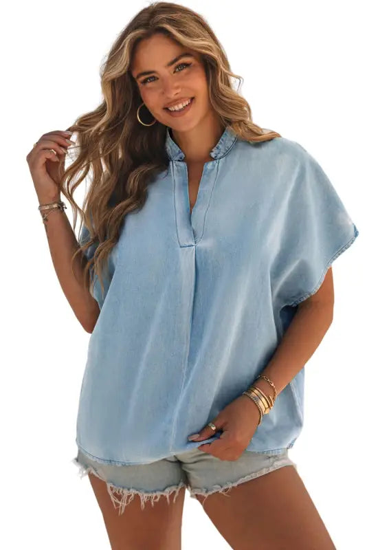 Sky blue split v neck oversized denim blouse - tops