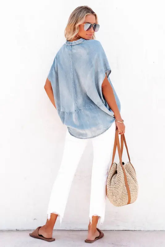 Sky blue split v neck oversized denim blouse - tops