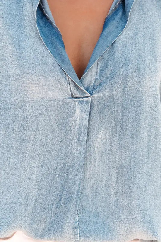 Sky blue split v neck oversized denim blouse - tops