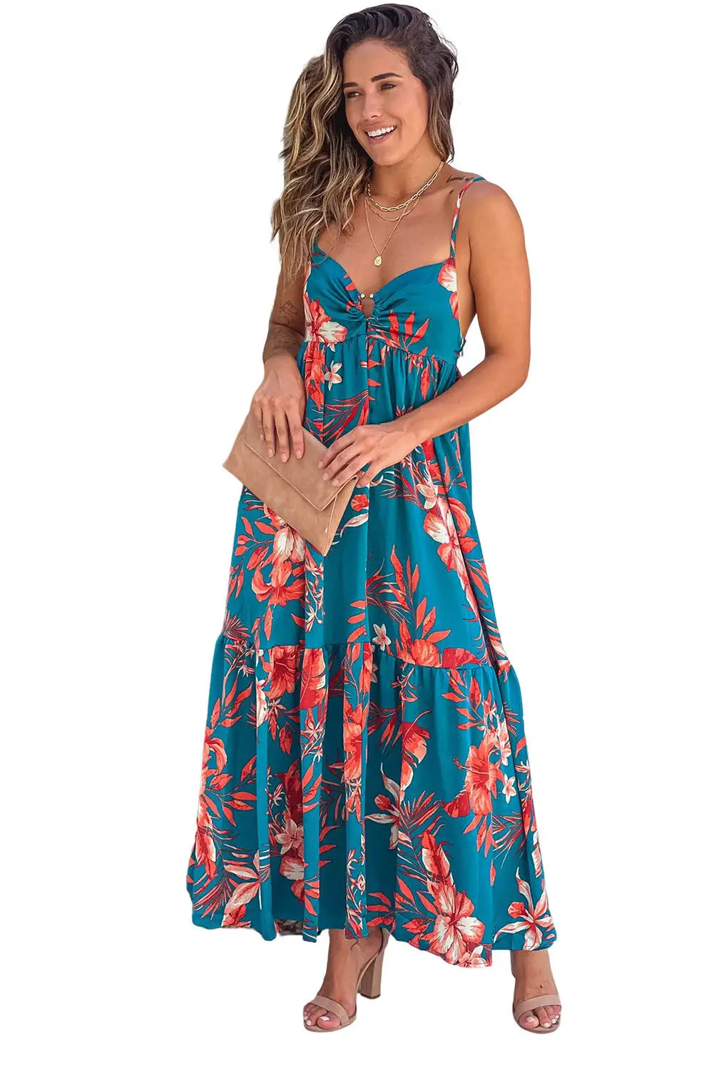 Sky blue strappy open back floral maxi dress - dresses