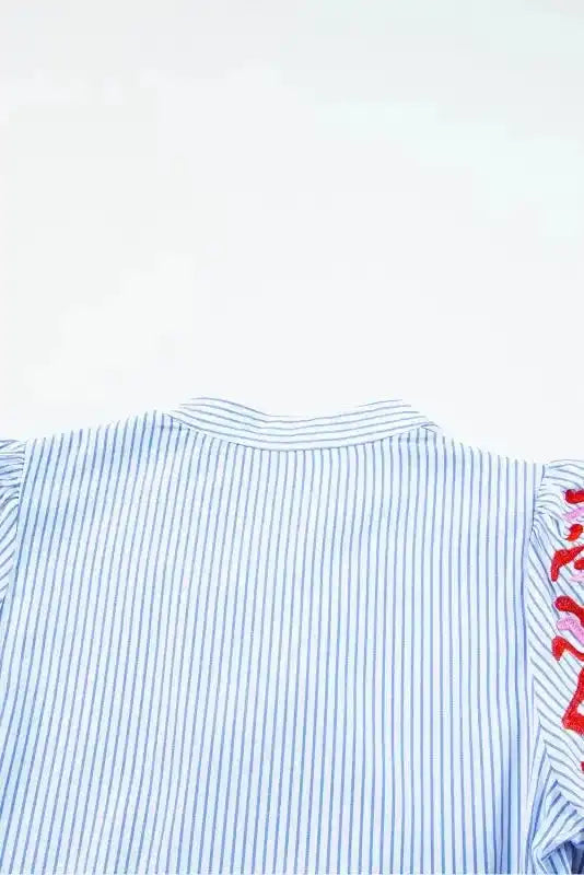 Sky Blue Stripe Dress - Floral Puff Sleeve Tiered Ruffle - Fashionfitz