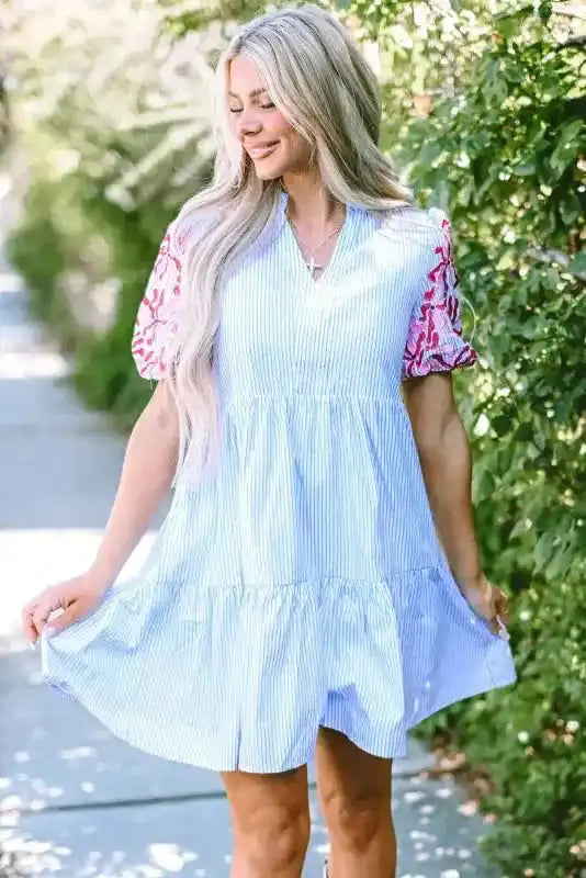 Sky Blue Stripe Dress - Floral Puff Sleeve Tiered Ruffle - Fashionfitz