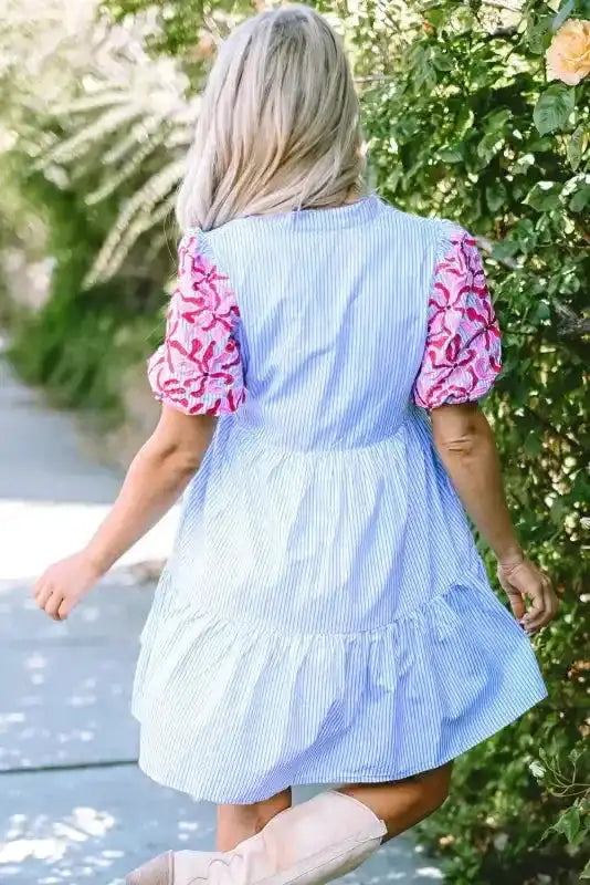 Sky Blue Stripe Dress - Floral Puff Sleeve Tiered Ruffle - Fashionfitz