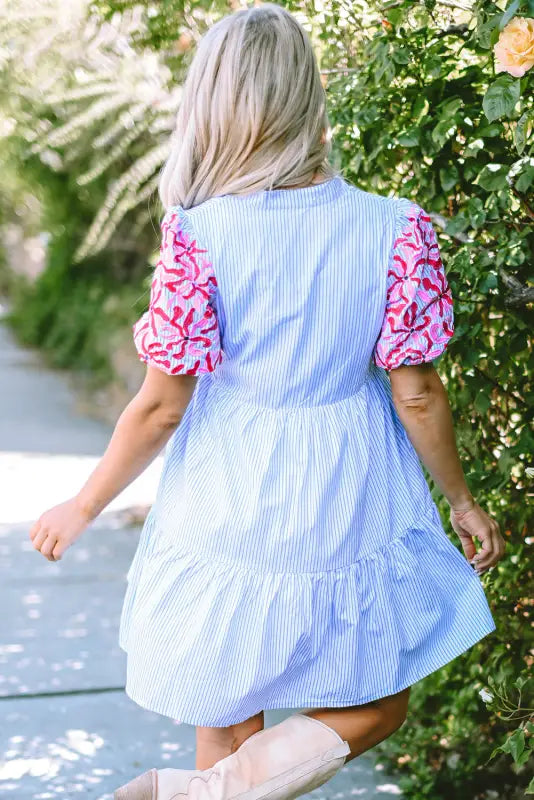 Sky blue stripe dress - floral puff sleeve tiered ruffle - dresses/mini dresses