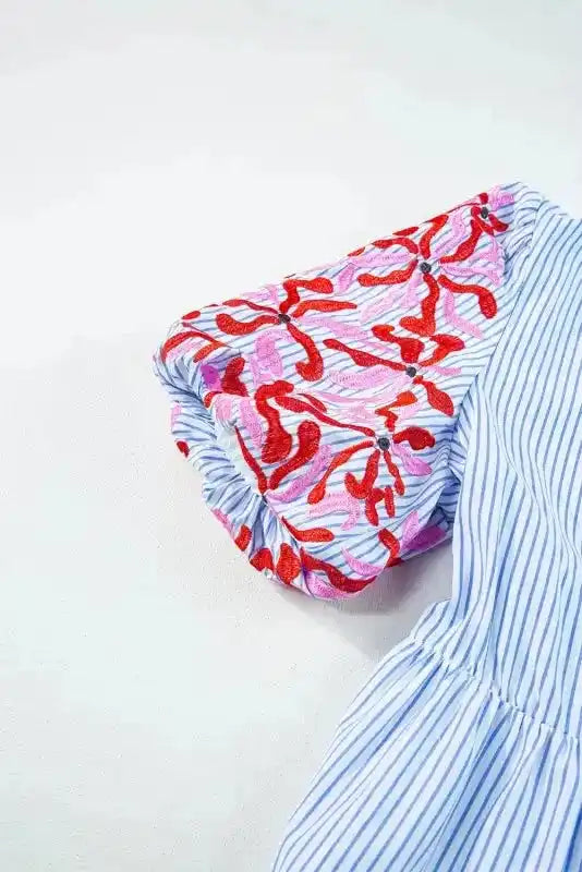 Sky Blue Stripe Dress - Floral Puff Sleeve Tiered Ruffle - Fashionfitz