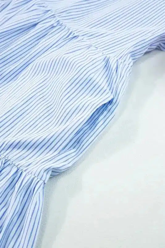 Sky Blue Stripe Dress - Floral Puff Sleeve Tiered Ruffle - Fashionfitz