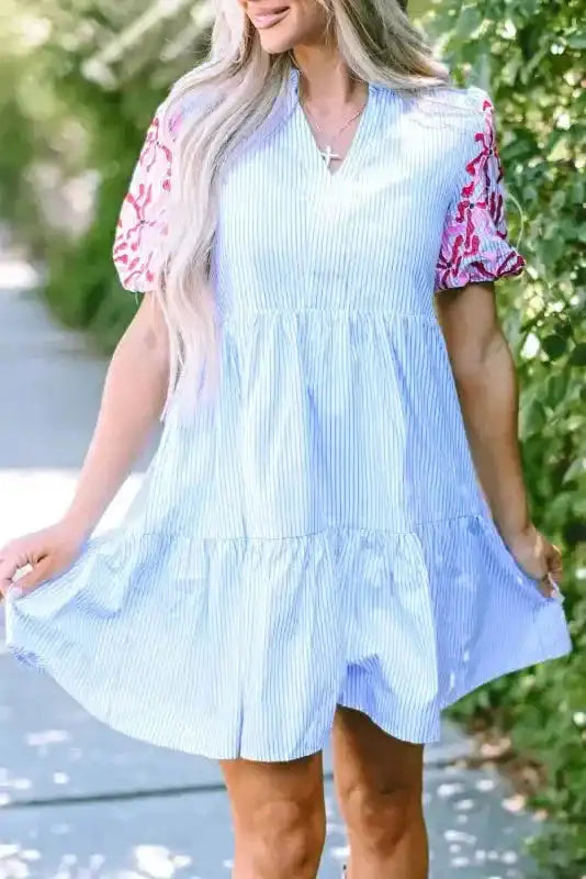 Sky Blue Stripe Dress - Floral Puff Sleeve Tiered Ruffle - Fashionfitz