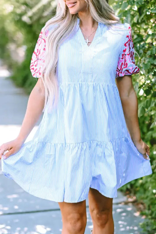 Sky blue stripe dress - floral puff sleeve tiered ruffle - dresses/mini dresses