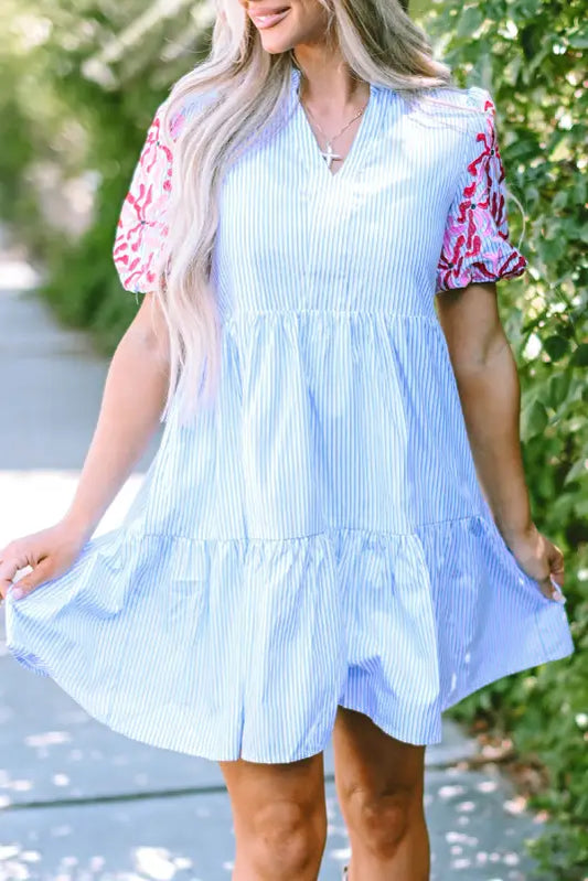 Sky blue stripe dress - floral puff sleeve tiered ruffle - dresses/mini dresses