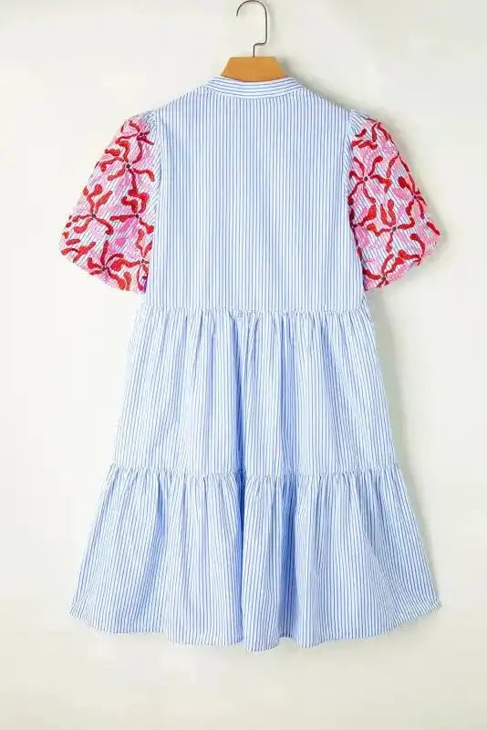 Sky Blue Stripe Dress - Floral Puff Sleeve Tiered Ruffle - Fashionfitz