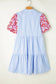 Sky blue stripe dress - floral puff sleeve tiered ruffle - dresses/mini dresses