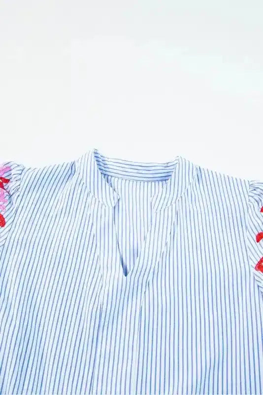 Sky Blue Stripe Dress - Floral Puff Sleeve Tiered Ruffle - Fashionfitz