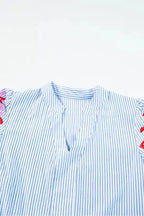 Sky Blue Stripe Dress - Floral Puff Sleeve Tiered Ruffle - Fashionfitz