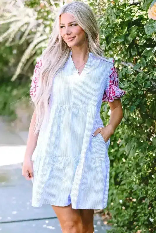 Sky Blue Stripe Dress - Floral Puff Sleeve Tiered Ruffle - Fashionfitz