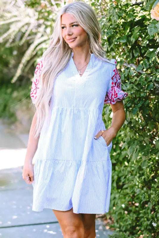 Sky blue stripe dress - floral puff sleeve tiered ruffle - dresses/mini dresses