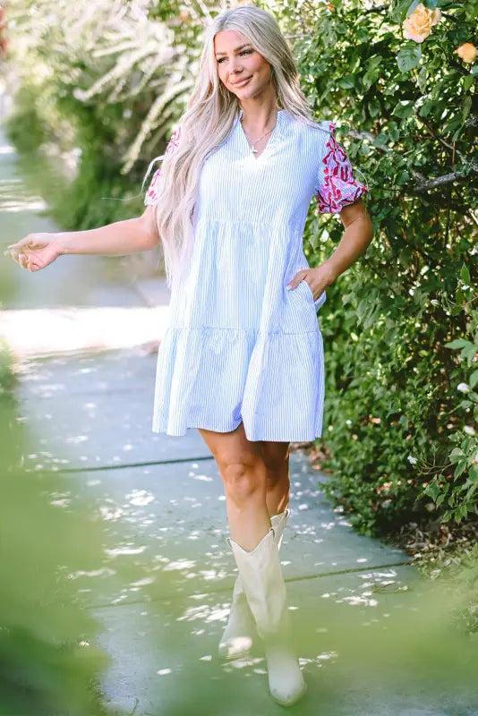 Sky blue stripe dress - floral puff sleeve tiered ruffle - dresses/mini dresses