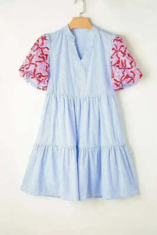 Sky Blue Stripe Dress - Floral Puff Sleeve Tiered Ruffle - Fashionfitz