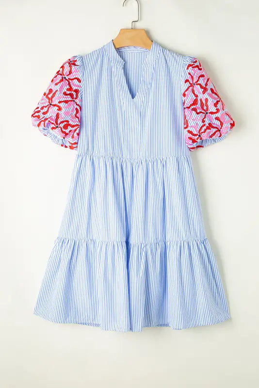 Sky blue stripe dress - floral puff sleeve tiered ruffle - s / 65% polyester + 35% cotton - dresses/mini dresses