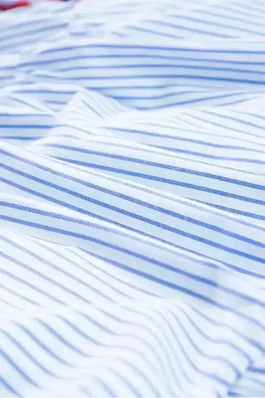 Sky Blue Stripe Dress - Floral Puff Sleeve Tiered Ruffle - Fashionfitz