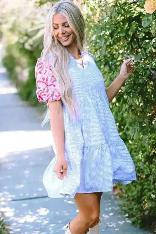 Sky Blue Stripe Dress - Floral Puff Sleeve Tiered Ruffle - Fashionfitz