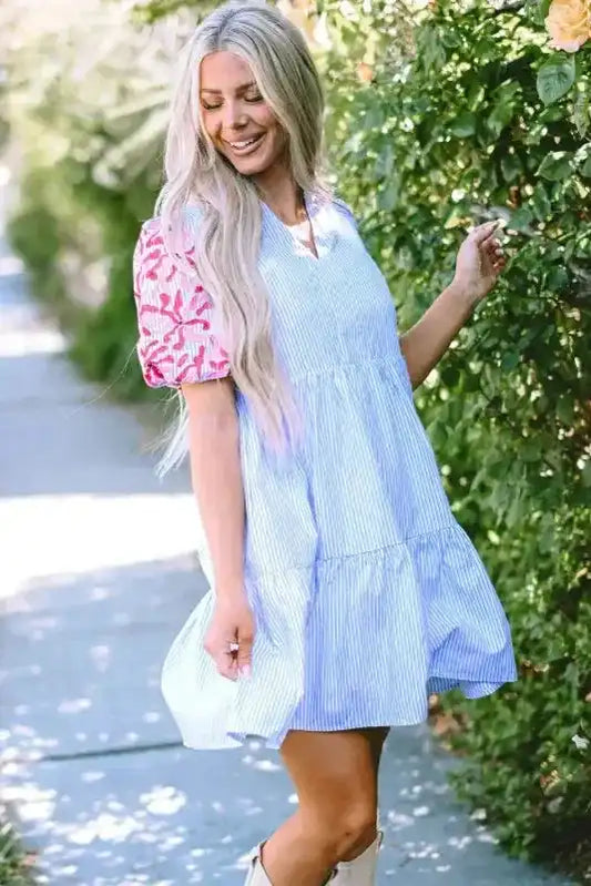 Sky Blue Stripe Dress - Floral Puff Sleeve Tiered Ruffle - Fashionfitz