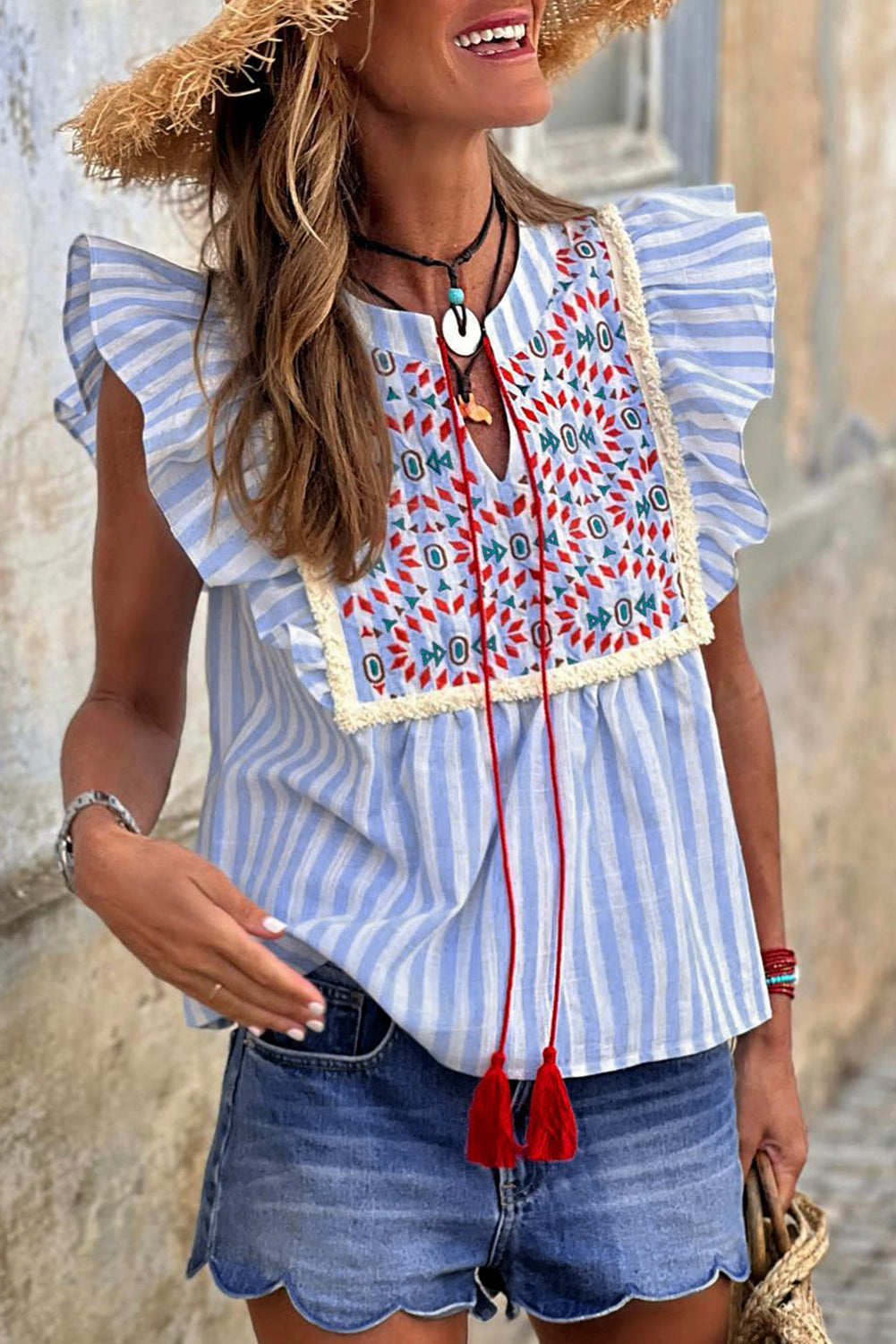 Sky blue stripe geo pattern embroidered tassel flutter blouse - l / 50% polyester + 50% cotton - blouses & shirts
