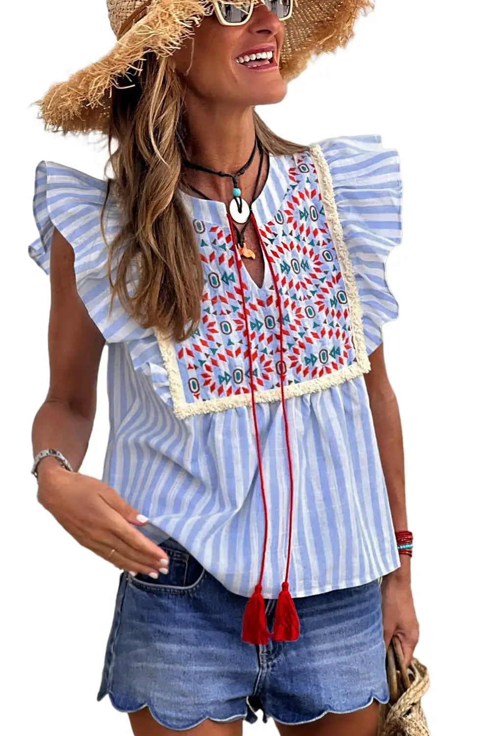 Sky blue stripe geo pattern embroidered tassel flutter blouse - blouses & shirts