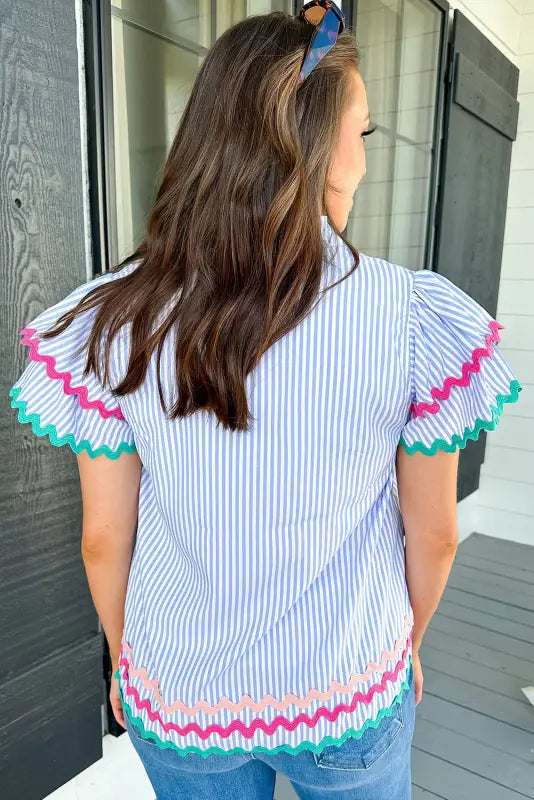 Sky blue stripe ruffled sleeve blouse - blouses