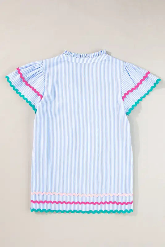 Sky blue stripe ruffled sleeve blouse - blouses