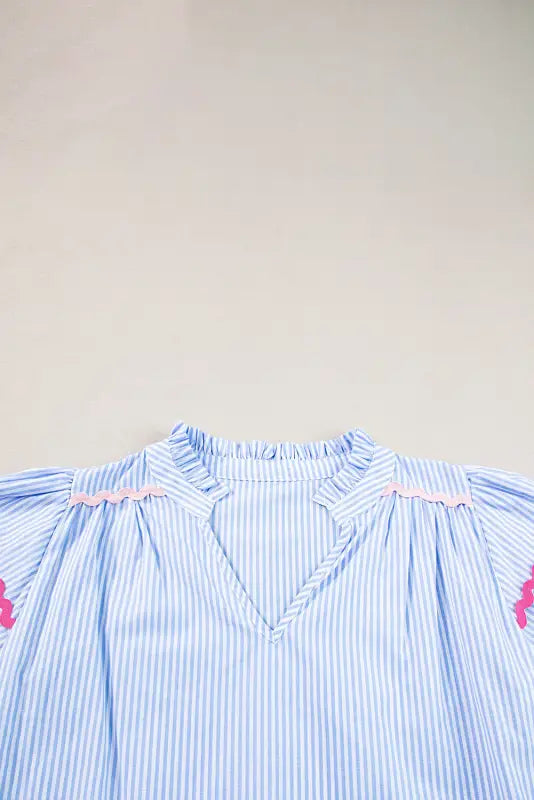 Sky blue stripe ruffled sleeve blouse - blouses