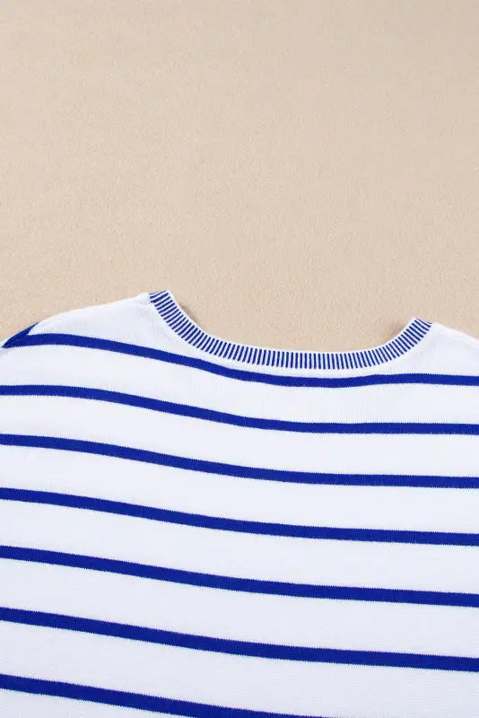 Sky blue stripe t-shirt with round neckline, relax in style with knitted bat sleeve