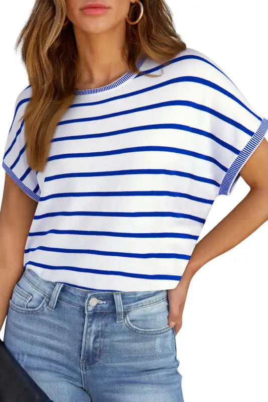 Sky blue stripe knitted top with bat sleeve and relaxed fit