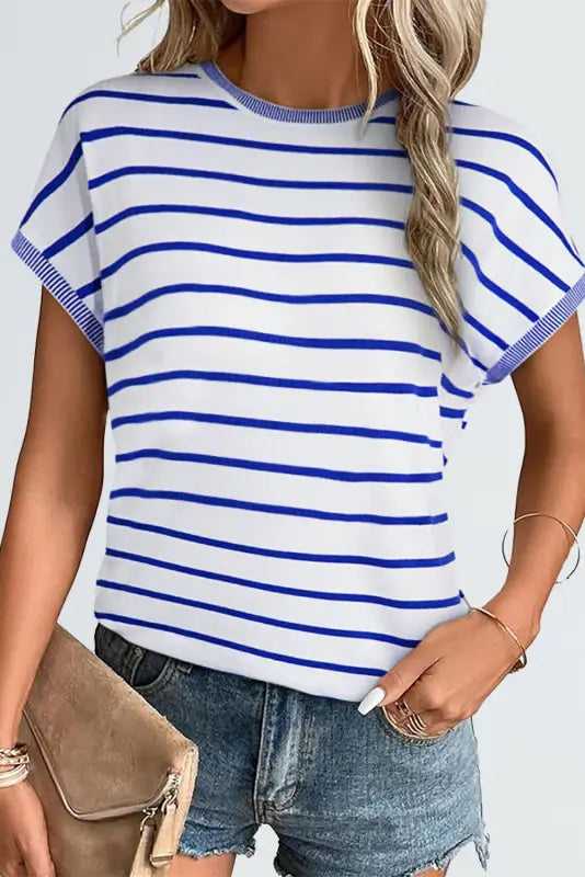 Sky blue stripe t-shirt: relax relax in white and blue striped crew neck knitted bat sleeve