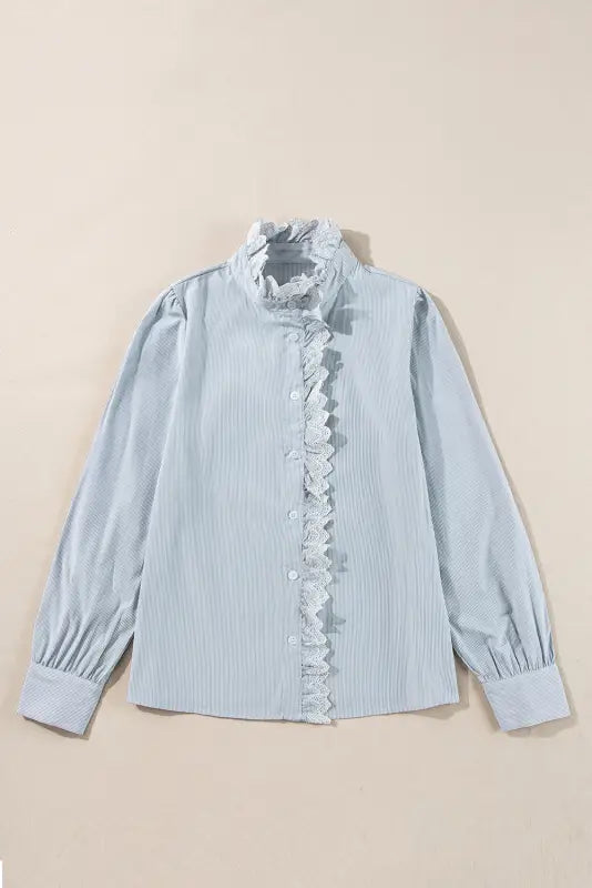 Sky blue striped frill-trim shirt